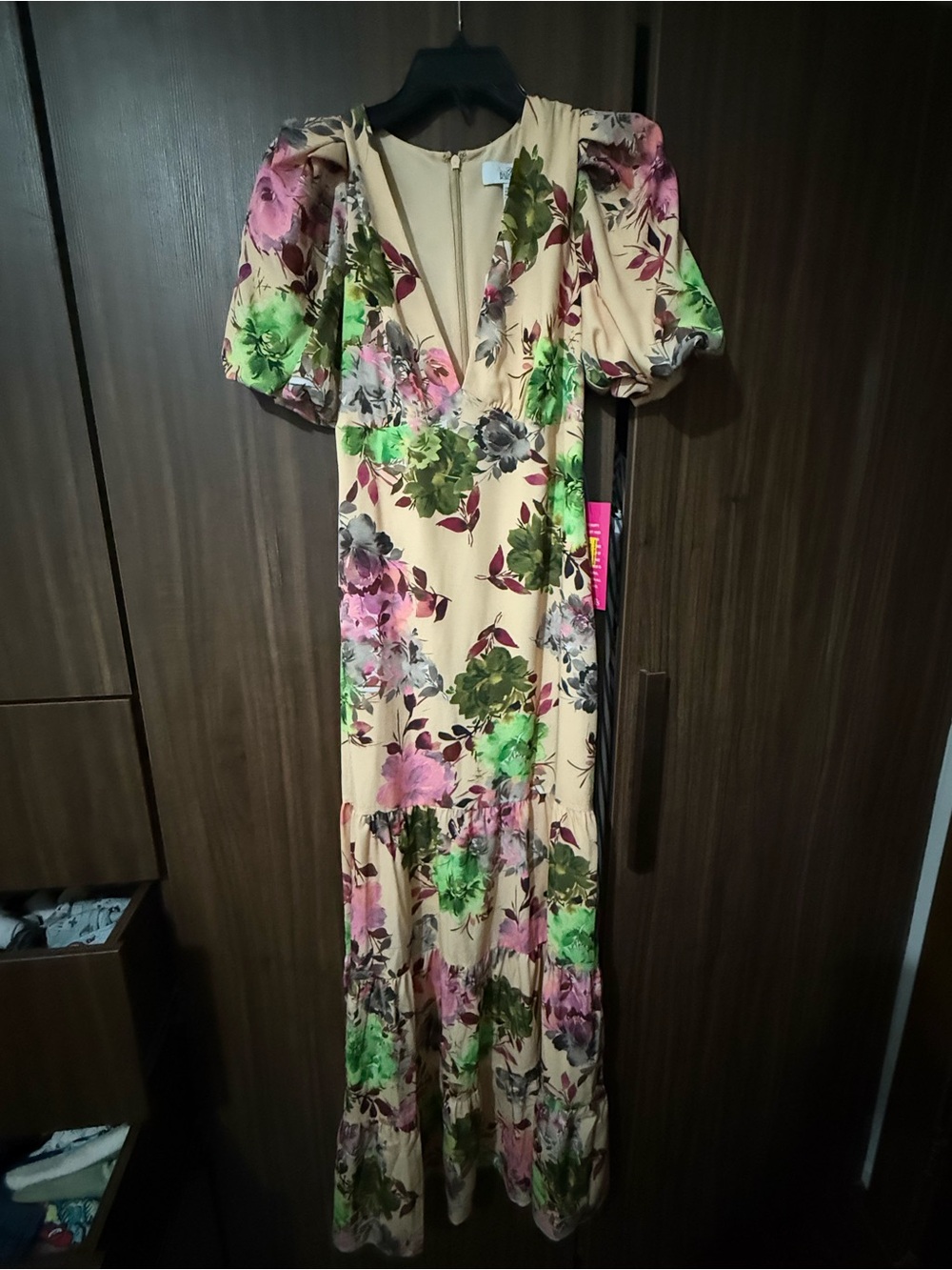 Badgley Mischka Beige Maxi Dress with Pink & Green Floral Print